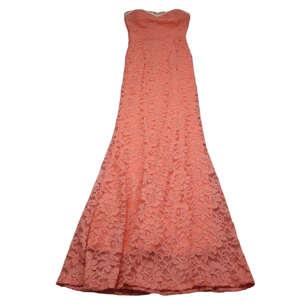 La Scala Dress Womens S Pink Maxi Fit Flare Sweetheart Neck Lace Rhinestone